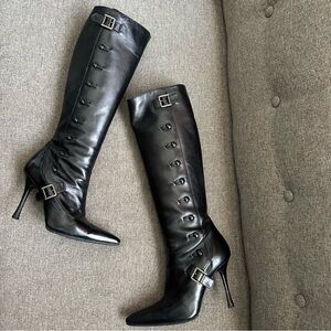 Vintage Manolo Blahnik black leather button & strap heeled boots